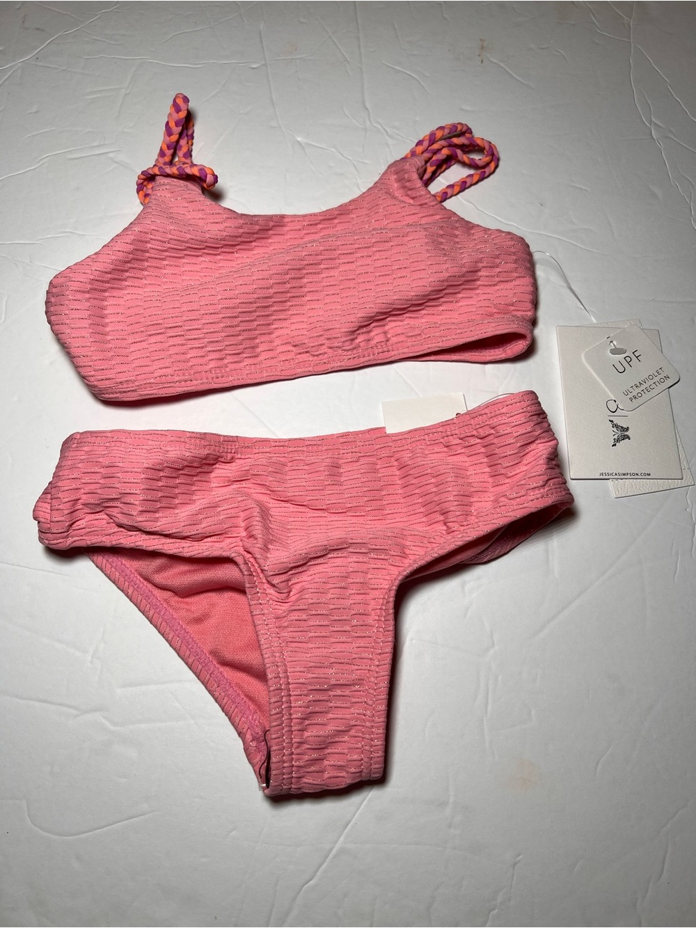 Jessica Simpson Pink Textured Kids Bikini with Braided Straps